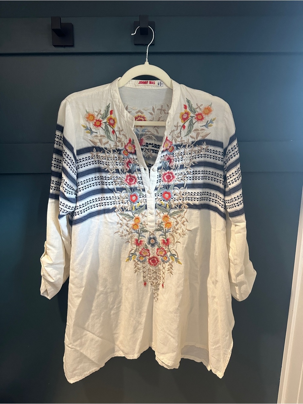 Johnny Was White Embroidered Tunic with Navy Stripes and Multicolor Floral
